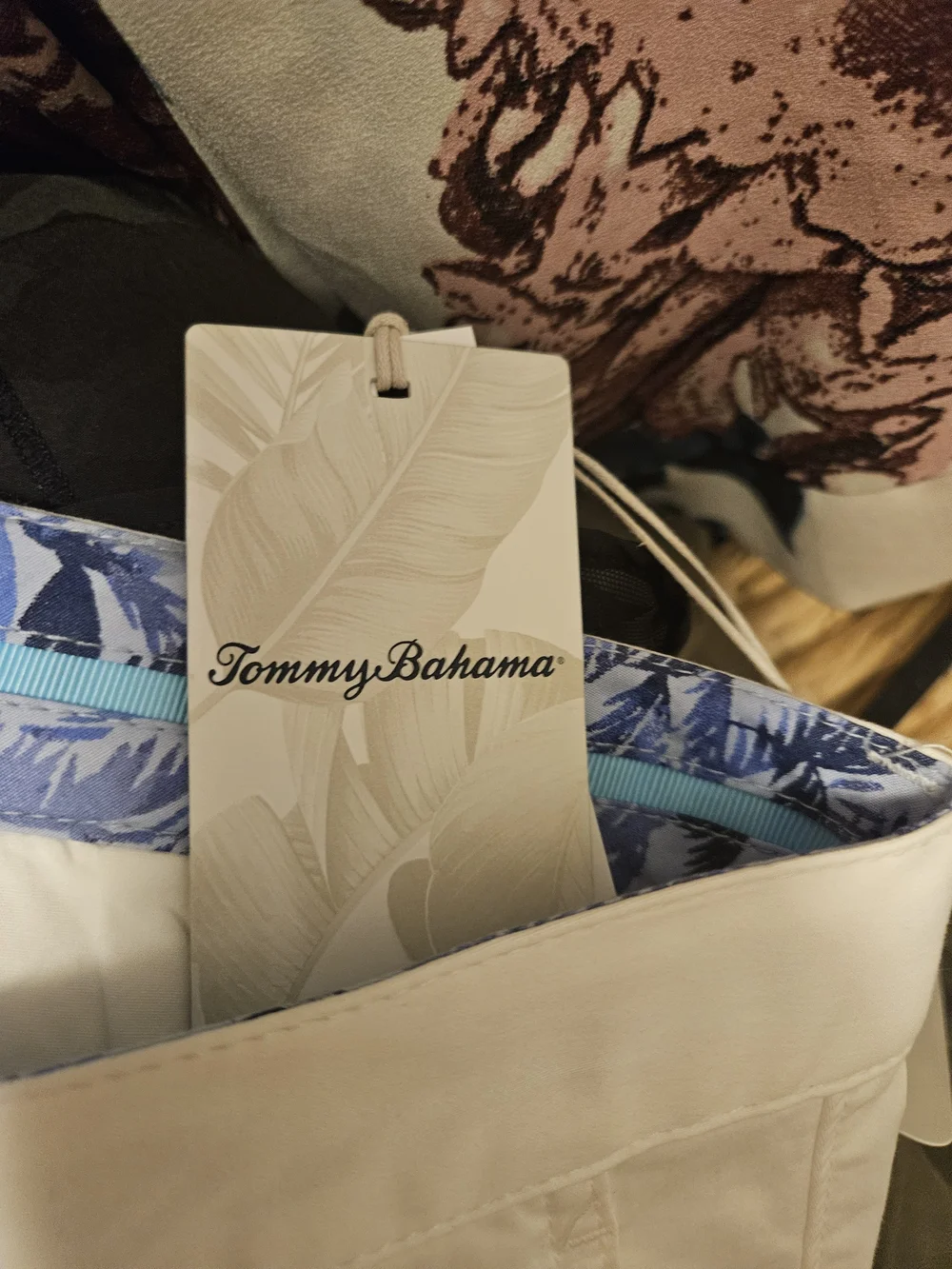 Tommy Bahama Cream Tote with Blue Patterned Trim and Aqua Ribbon